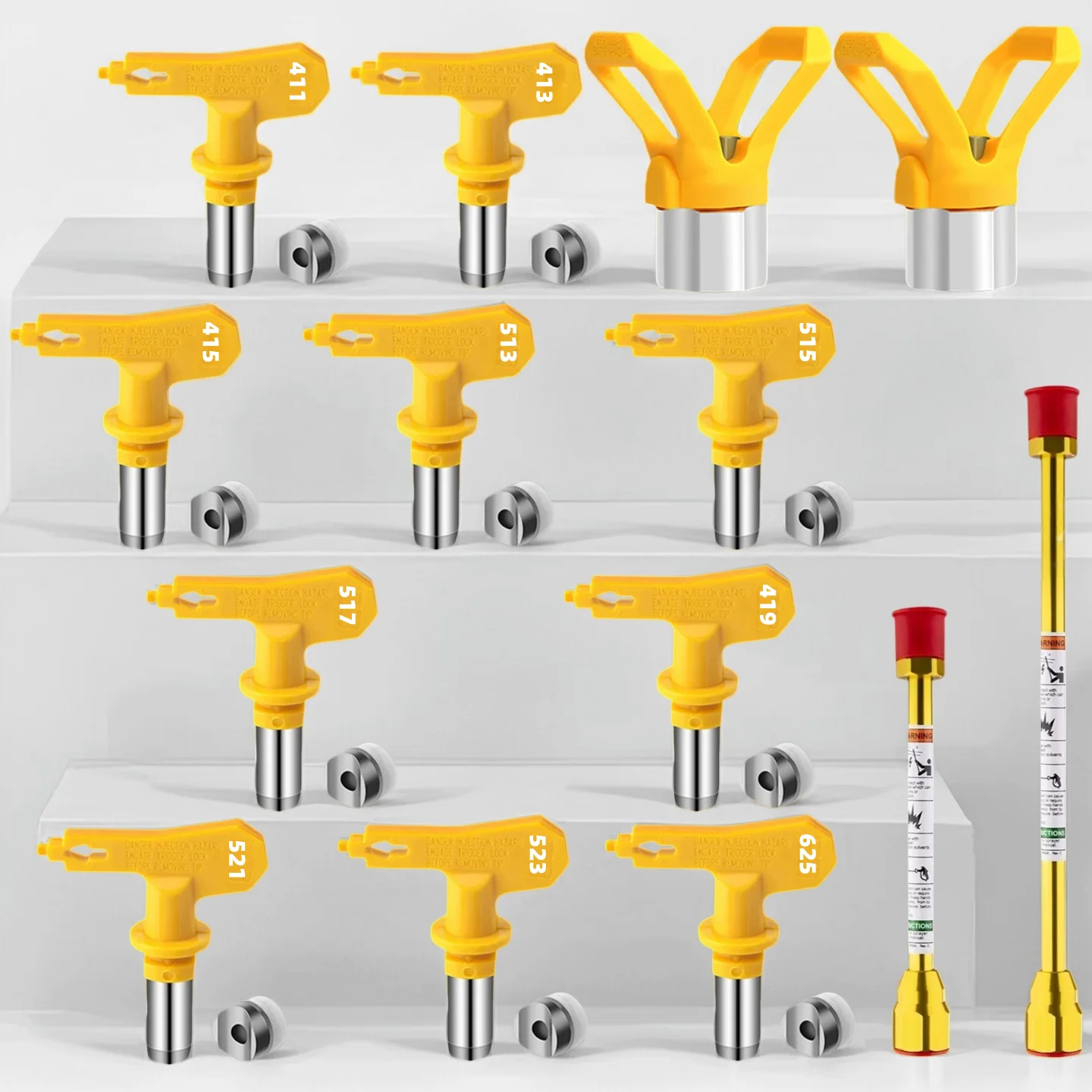 Reversible Airless Spray Nozzle Tip Set 411 413 415 513 515 517 519 521 523 625 With Nozzle Guard & Extension Rod Kit
Reversible Airless Spray Nozzle Tip Set 411 413 415 513 515 517 519 521 523 625 With Nozzle Guard & Extension Rod Kit