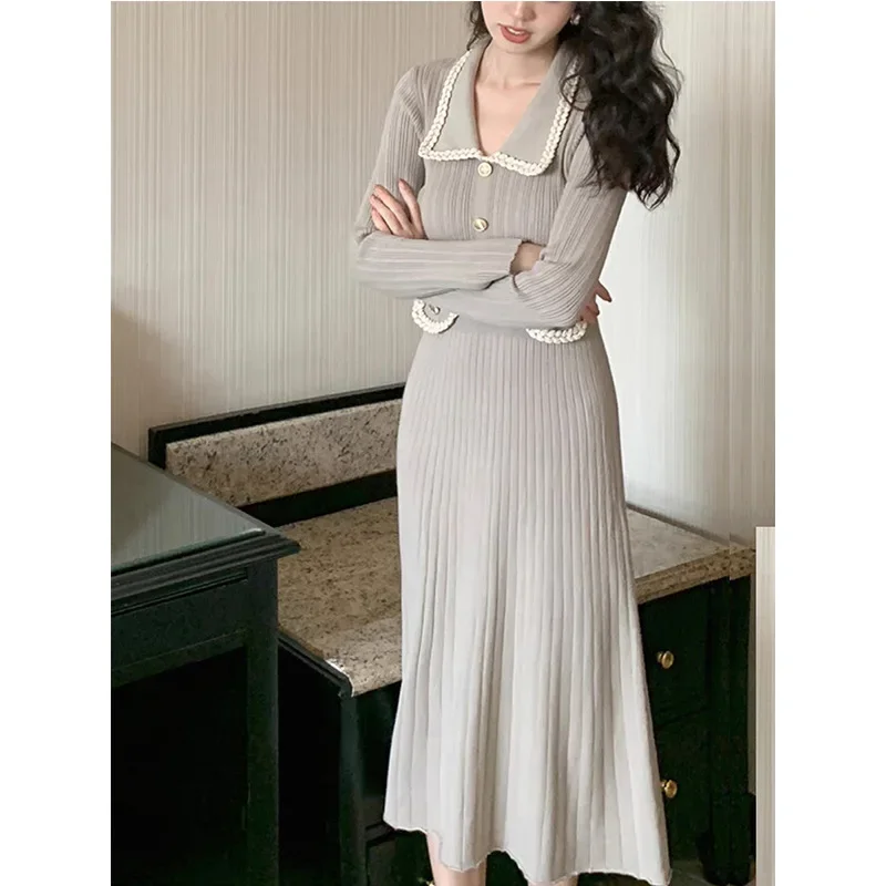 Autumn Winter Women's Long Sleeve Knitted Mid-length Dress Korean Fashion Slim Lapel Sweater Dress Commute Party Vestidos
Autumn Winter Women's Long Sleeve Knitted Mid-length Dress Korean Fashion Slim Lapel Sweater Dress Commute Party Vestidos