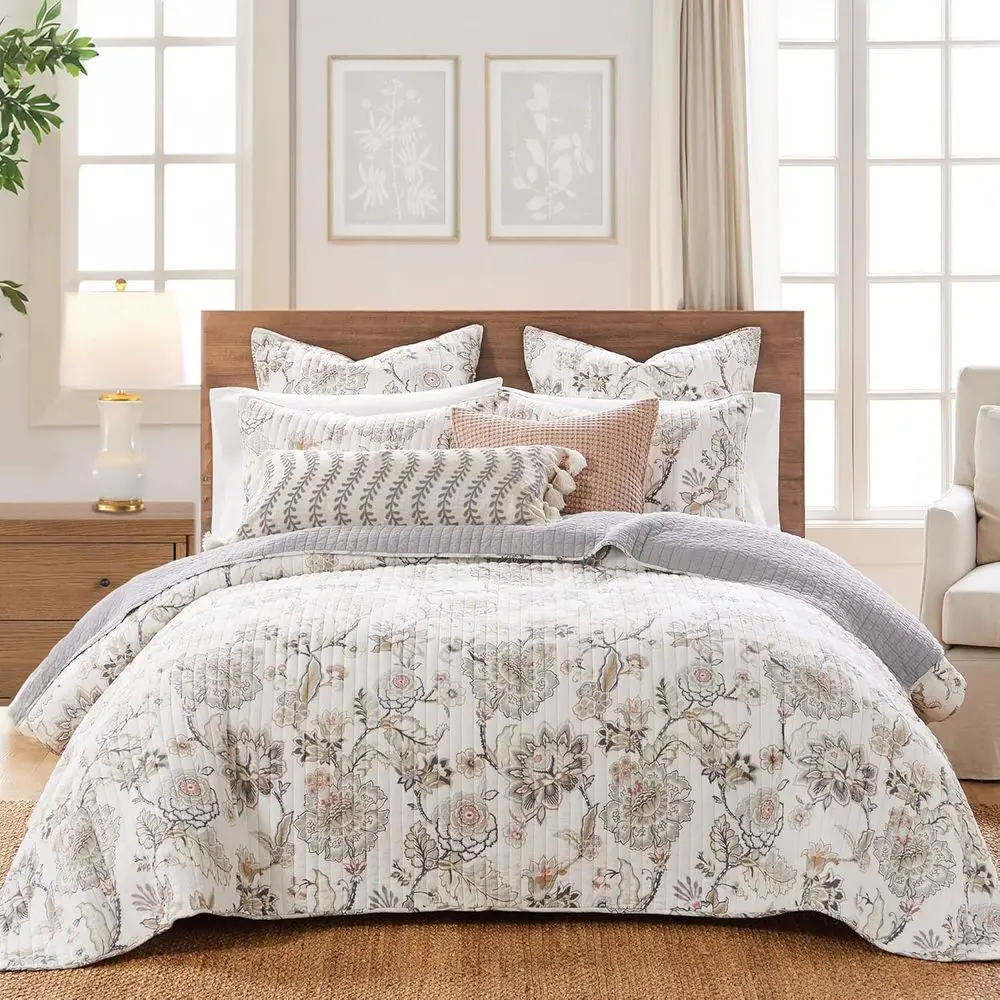 King Size Taupe Grey Cream Blush Reversible Quilt Set with Two Shams - Rayon/Cotton Blend
King Size Taupe Grey Cream Blush Reversible Quilt Set with Two Shams - Rayon/Cotton Blend