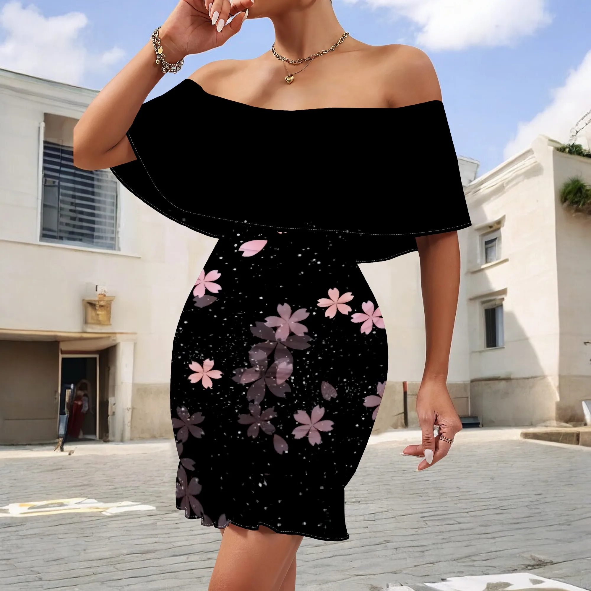 Black Sakura Print Off Shoulder Mini Dress S‑3XL Ruffle Hem Bodycon Style for Date Night, Cocktail Party or Romantic Summer Look
Black Sakura Print Off Shoulder Mini Dress S‑3XL Ruffle Hem Bodycon Style for Date Night, Cocktail Party or Romantic Summer Look