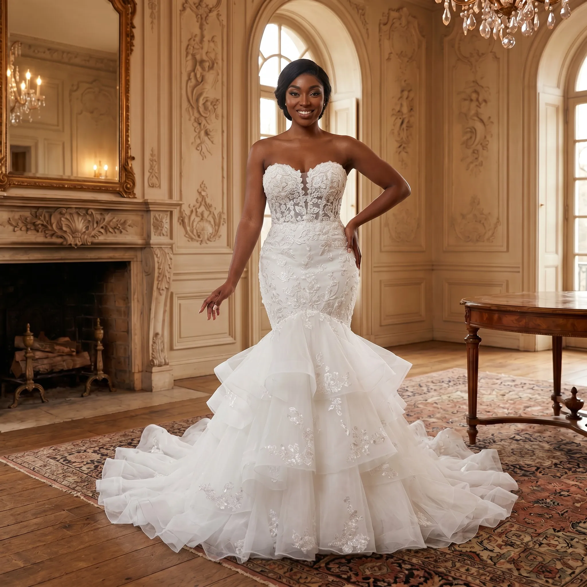 Strapless Sweetheart Lace Mermaid Wedding Dress Tiered Ruffled Tulle Bridal Gown with Train for Women
Strapless Sweetheart Lace Mermaid Wedding Dress Tiered Ruffled Tulle Bridal Gown with Train for Women
