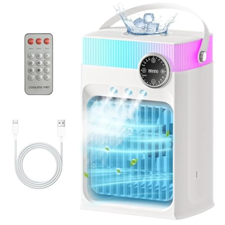 Portable air conditioner for bedroom and office use, white plastic unit with 3 mist levels, 3 fan speeds, 8-color LED light, 2-
Portable air conditioner for bedroom and office use, white plastic unit with 3 mist levels, 3 fan speeds, 8-color LED light, 2-