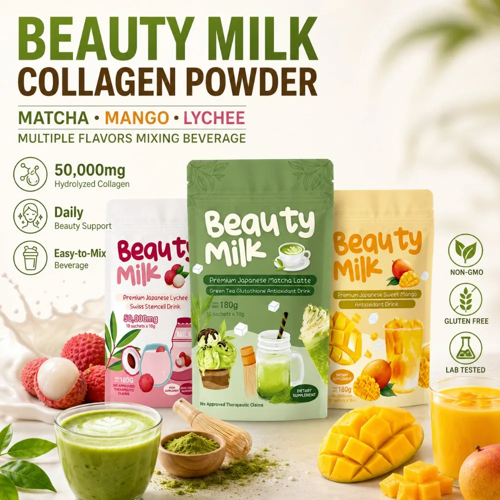 Beauty Milk Collagen Powder Drink Mix, 50000mg Hydrolyzed Collagen, Matcha Mango Lychee Strawberry Banana Flavors, 10 Sachets
Beauty Milk Collagen Powder Drink Mix, 50000mg Hydrolyzed Collagen, Matcha Mango Lychee Strawberry Banana Flavors, 10 Sachets