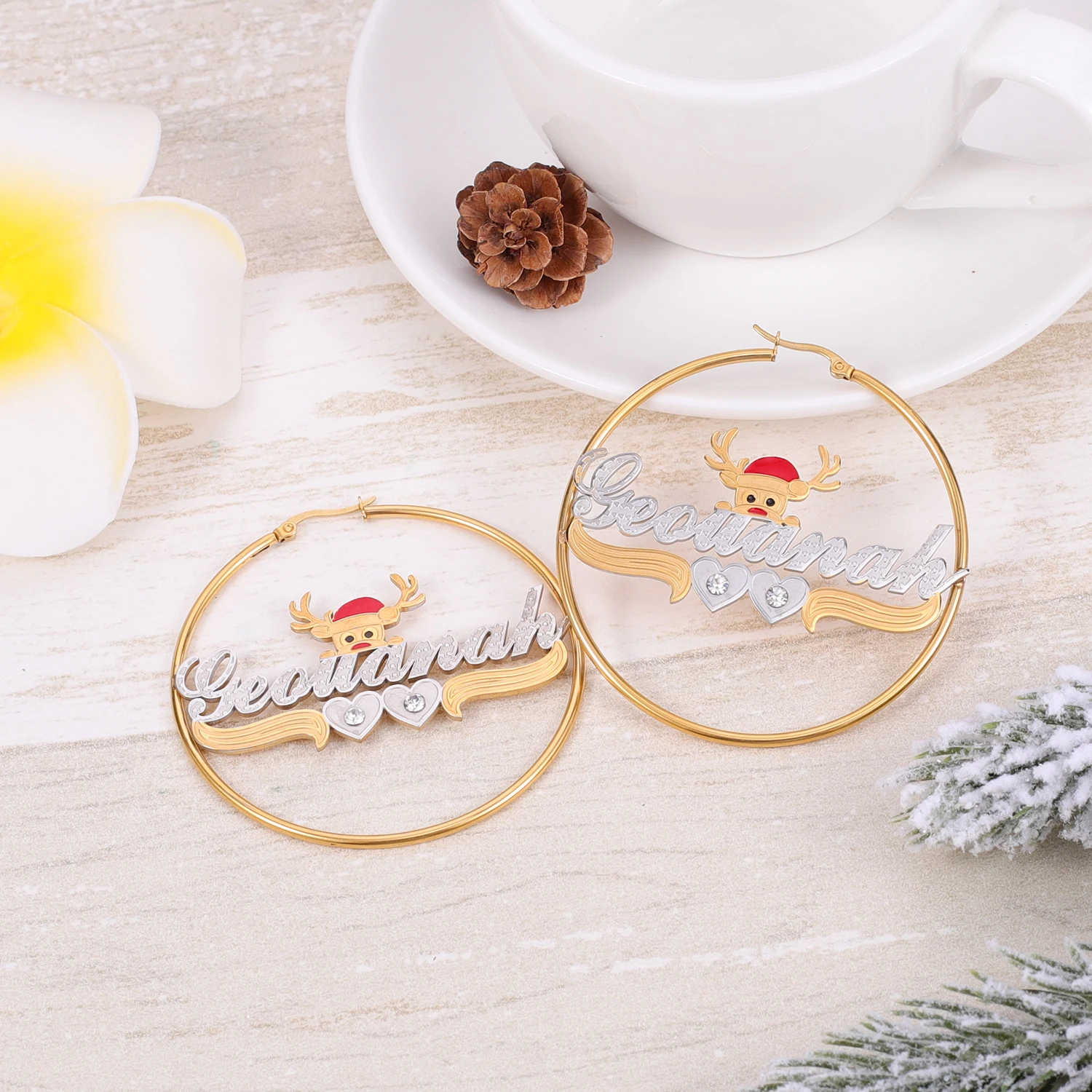 Dascusto Personalized Name Christmas Hoop Earrings with Reindeer & Heart Design Birthstone Two - Tone Gold Plated Festive Jewelr
Dascusto Personalized Name Christmas Hoop Earrings with Reindeer & Heart Design Birthstone Two - Tone Gold Plated Festive Jewelr