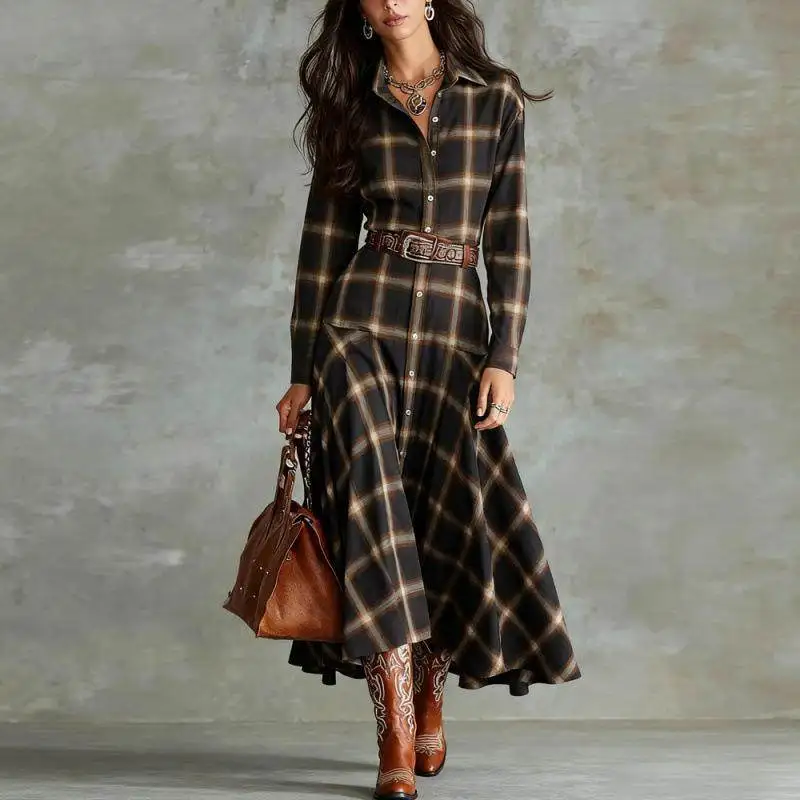 Retro Style Plaid Long Sleeve Shirt Dress Women's Autumn Winter New Arrival Cross-Border High Waist A-Line Skirt Dress
Retro Style Plaid Long Sleeve Shirt Dress Women's Autumn Winter New Arrival Cross-Border High Waist A-Line Skirt Dress
