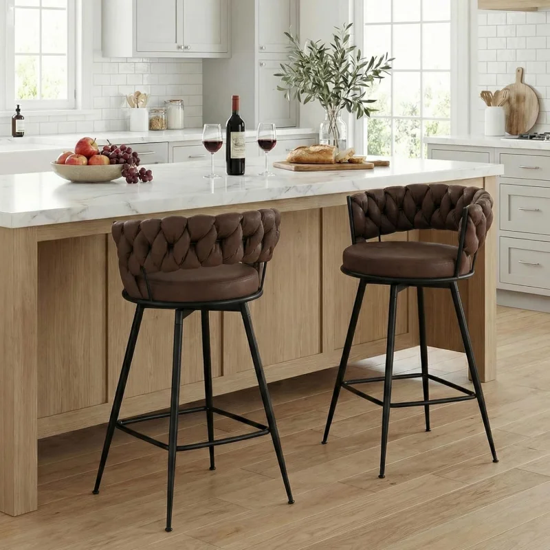 Set of 2 360° Swivel Bar Stools, 28In Height, Woven Low Back, Metal with Footrest, Dark Brown Fabric Kitchen, Pub
Set of 2 360° Swivel Bar Stools, 28In Height, Woven Low Back, Metal with Footrest, Dark Brown Fabric Kitchen, Pub