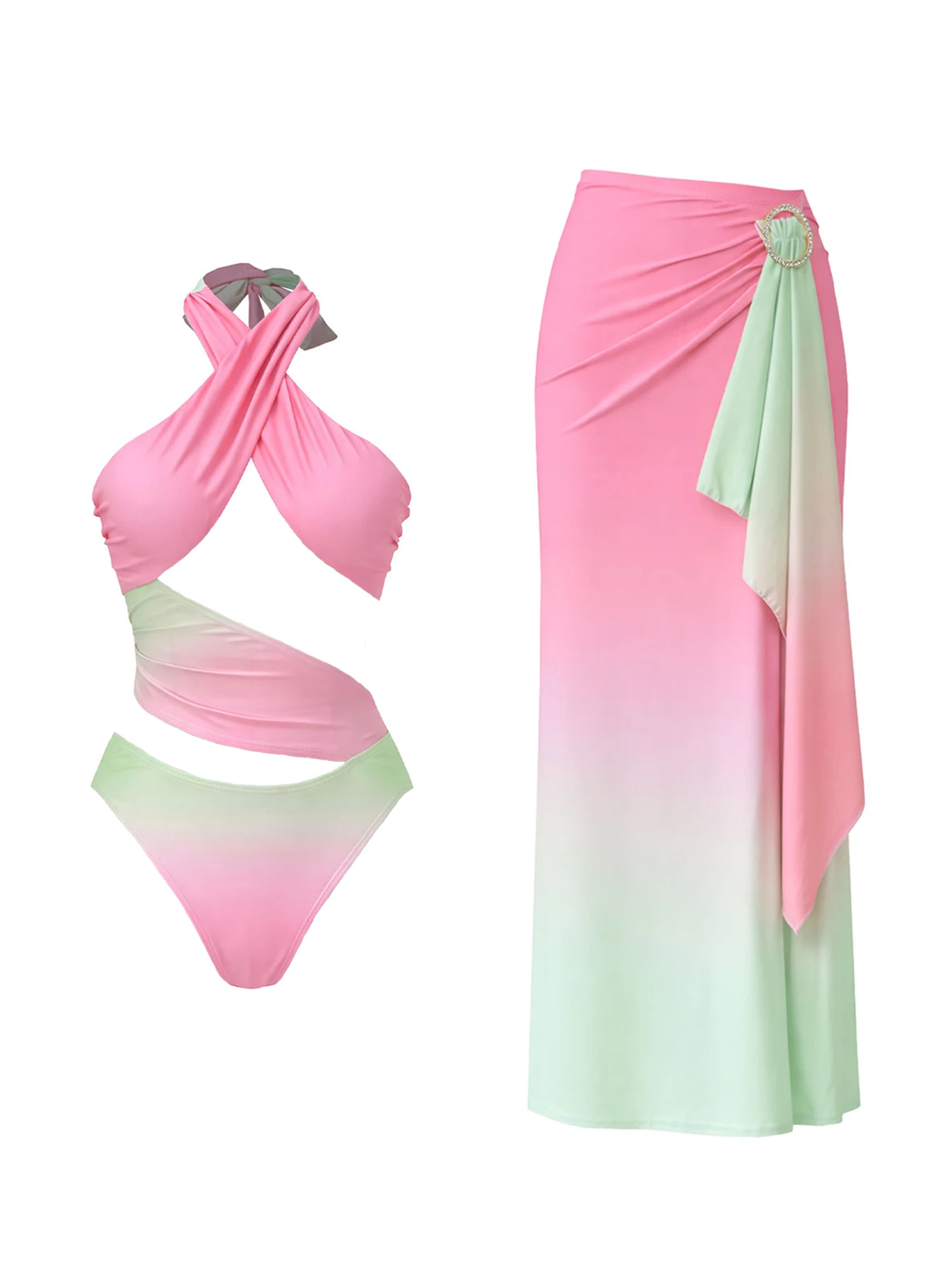 Sexy Gradient Halter Swimwear Women Swimsuit With Skirt Fashion Mujer Cut Out Bathing Suit Luxury Lady Beachwear Vacation Outfit
Sexy Gradient Halter Swimwear Women Swimsuit With Skirt Fashion Mujer Cut Out Bathing Suit Luxury Lady Beachwear Vacation Outfit