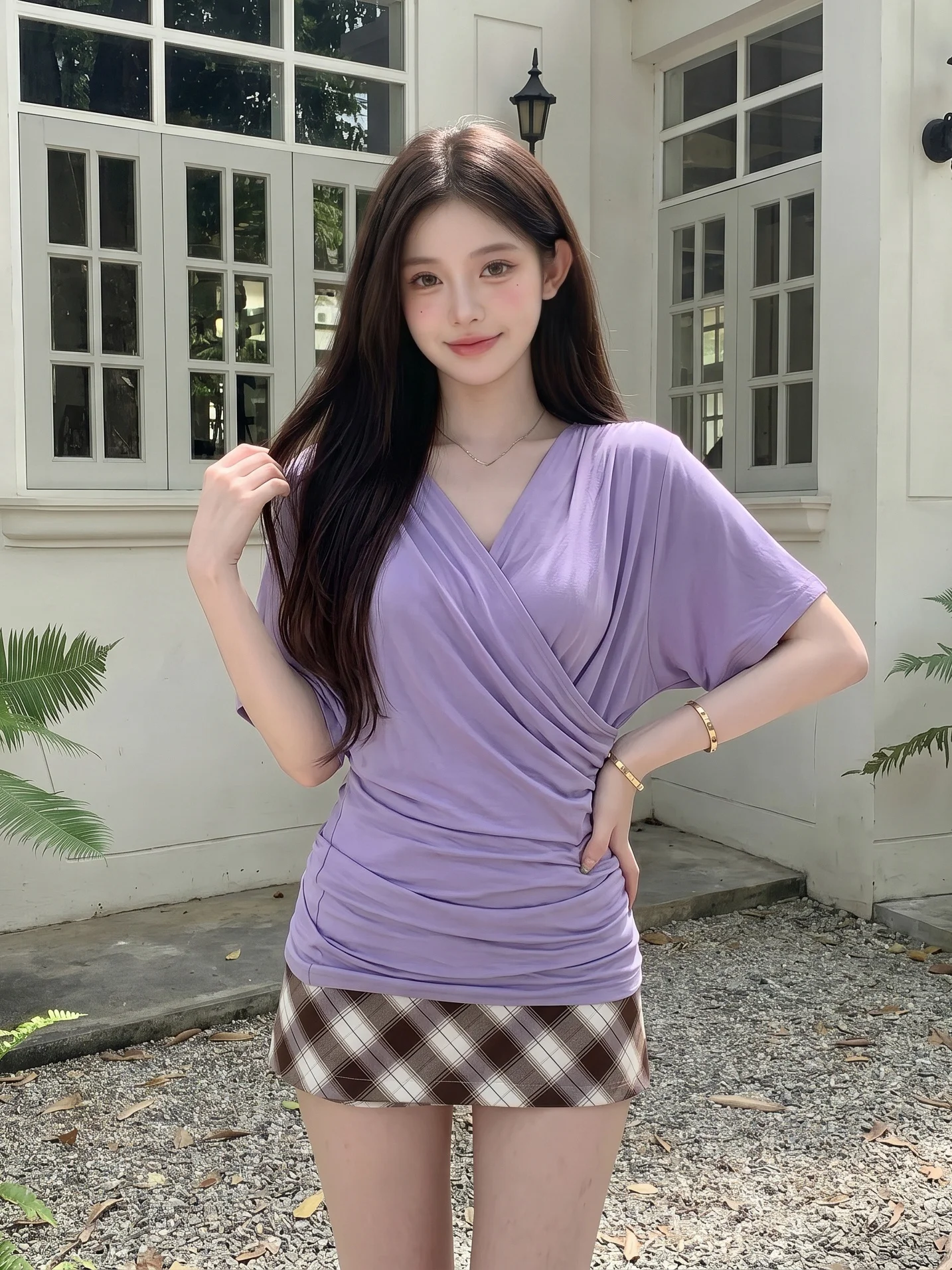 Summer Women's Short Sleeve T-Shirt V-Neck Plaid Skirt Fashionable Lazy Design Purple Top High Waist A-Line Skirt Set
Summer Women's Short Sleeve T-Shirt V-Neck Plaid Skirt Fashionable Lazy Design Purple Top High Waist A-Line Skirt Set