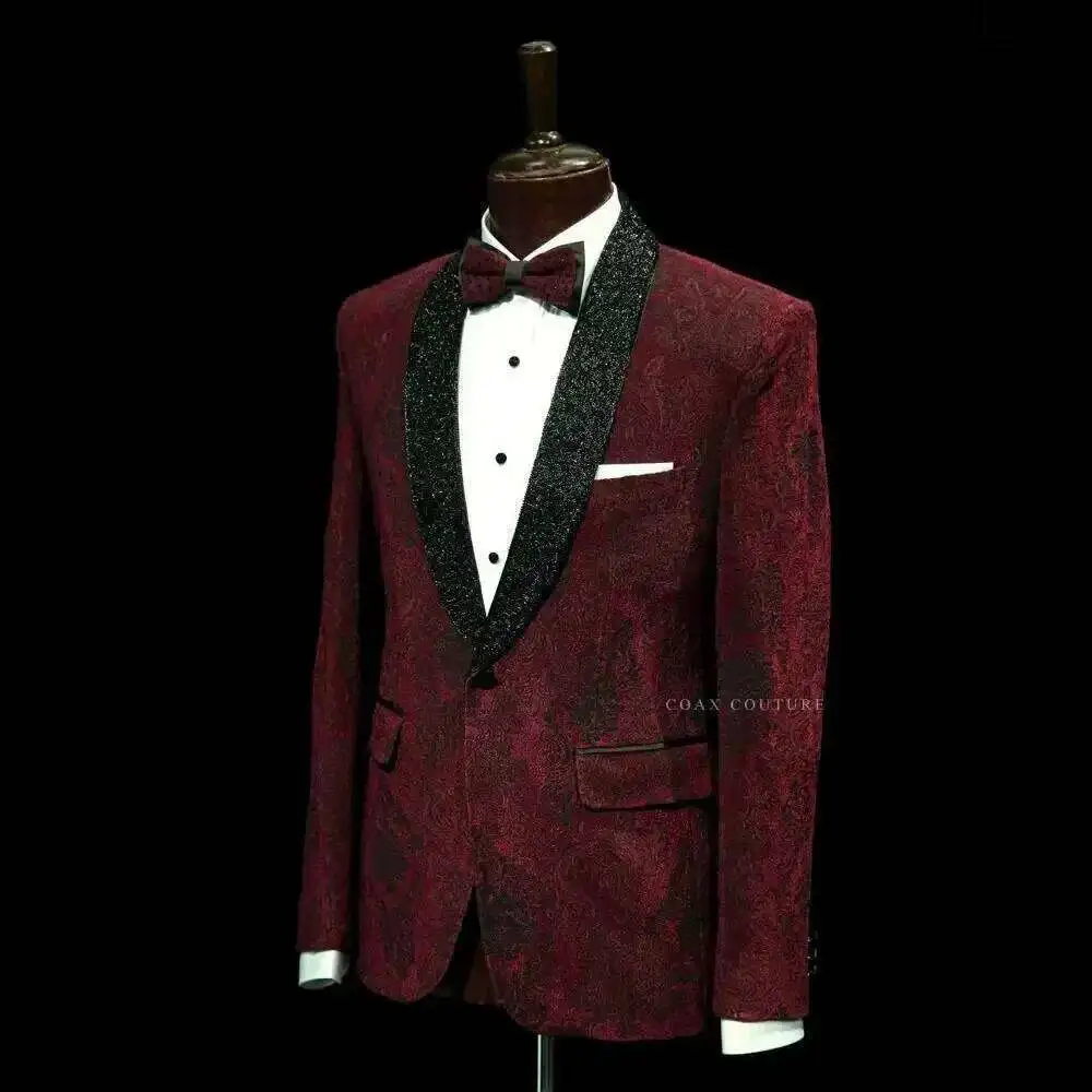 Dark Red Formal Men Suits Jacquard Weave Two Pieces Groom Wear Jacket + Pants
Dark Red Formal Men Suits Jacquard Weave Two Pieces Groom Wear Jacket + Pants