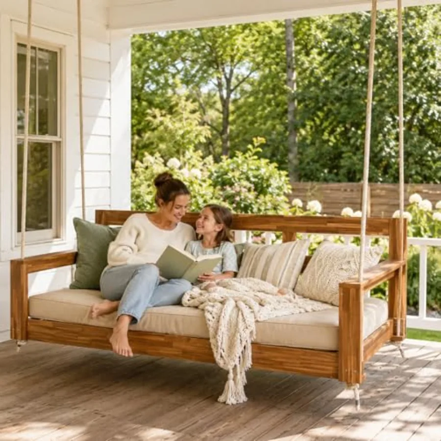 Twin Size Porch Swing Bed, Acacia Wood Farmhouse Patio Swing, Outdoor Hanging Daybed Swing Bench with 4 118-Inch Hemp Ropes, 35
Twin Size Porch Swing Bed, Acacia Wood Farmhouse Patio Swing, Outdoor Hanging Daybed Swing Bench with 4 118-Inch Hemp Ropes, 35