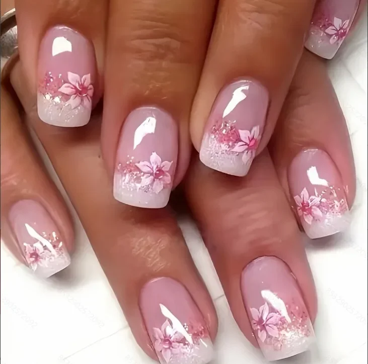 Pink Flower Press On Nails, Short Square Fake Nails, French Tip with Glitter & Floral Removable Elegant False Nail Tips
Pink Flower Press On Nails, Short Square Fake Nails, French Tip with Glitter & Floral Removable Elegant False Nail Tips