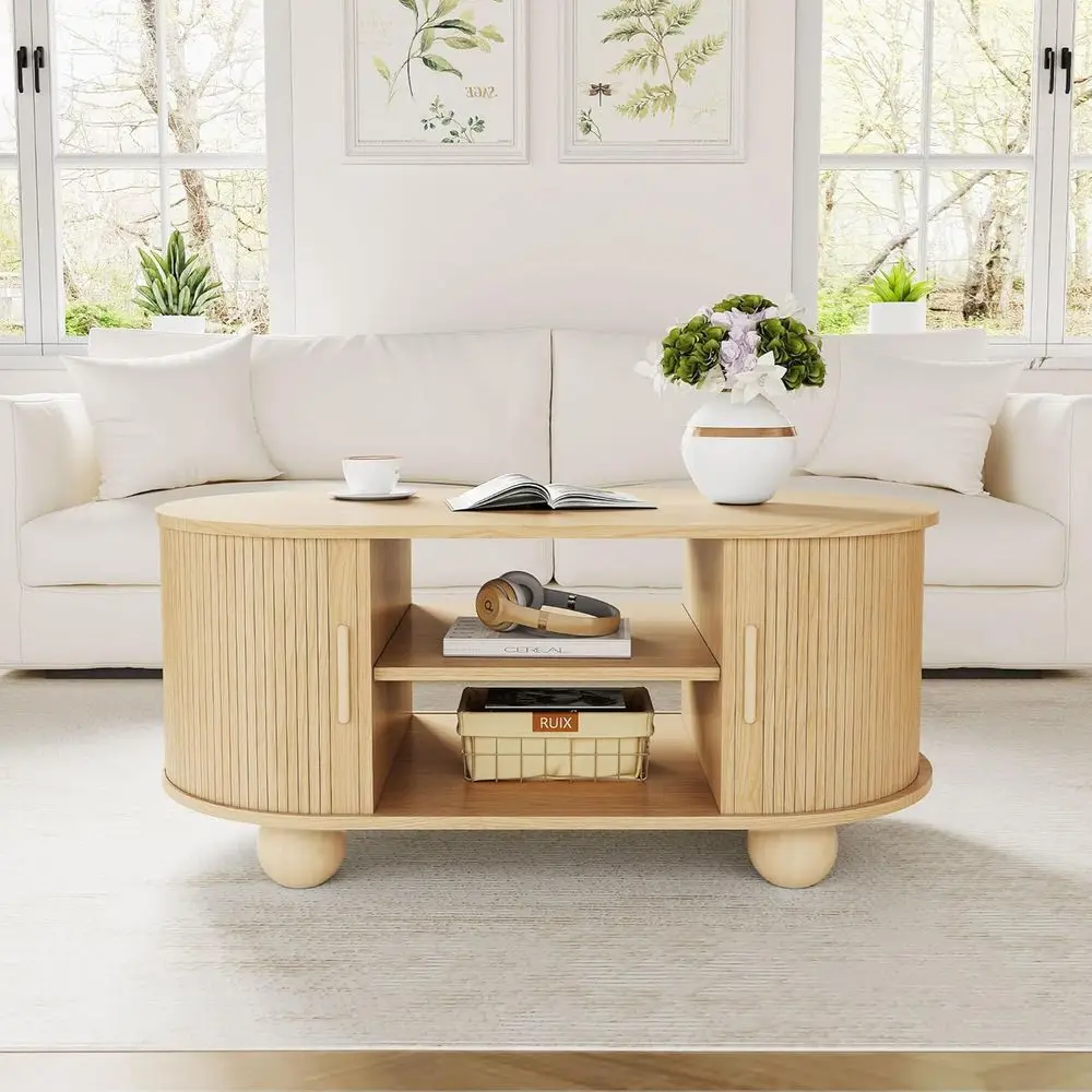 Mid-Century Living Room Coffee Table with Storage and Sliding Door, Natural Finish
Mid-Century Living Room Coffee Table with Storage and Sliding Door, Natural Finish