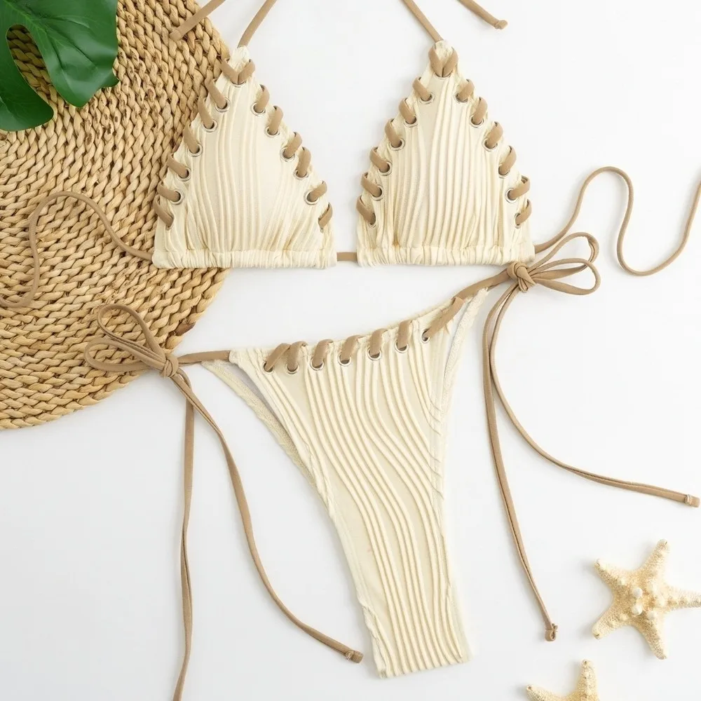 Casual Rope String Bikini Suit Ruffled Lace Up Swimwear Set Slim Fit Halter Neck Sling Swimsuit Resort Wear
Casual Rope String Bikini Suit Ruffled Lace Up Swimwear Set Slim Fit Halter Neck Sling Swimsuit Resort Wear