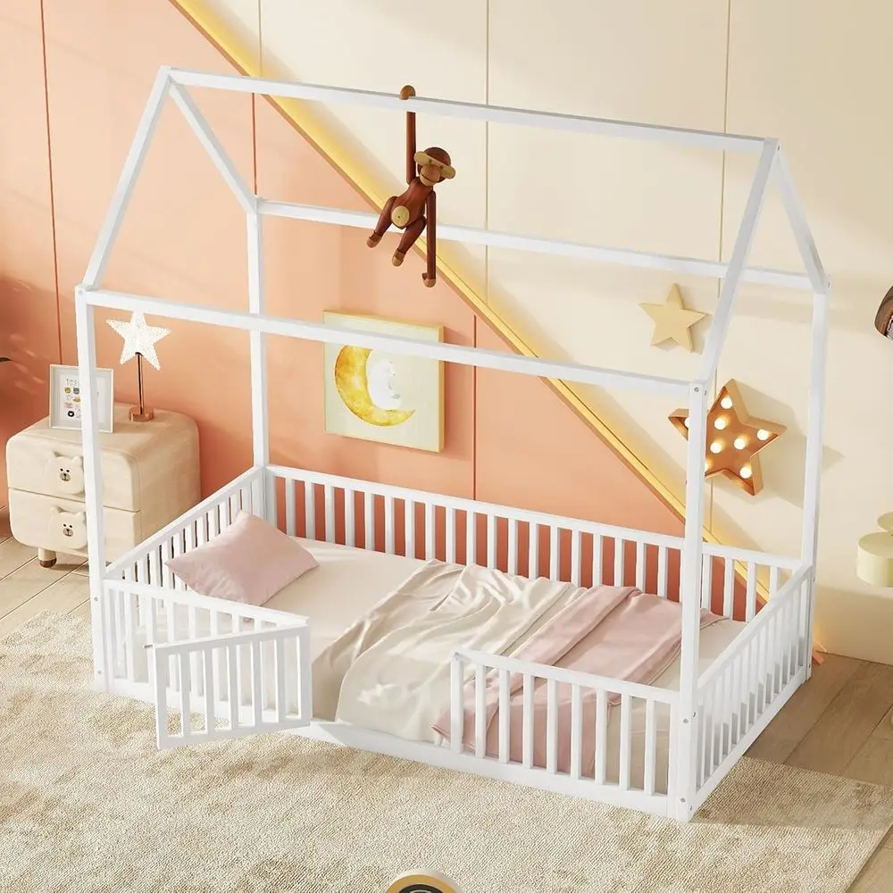 White Twin Size Metal Kids House Bed with Fence and Door
White Twin Size Metal Kids House Bed with Fence and Door