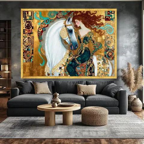 Luxury Golden Mosaic Gustav Klimt Style Art Poster Print Elegant Lady Riding White Horse Canvas Painting Living Room Home Decor
