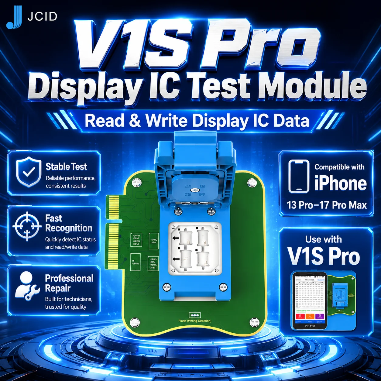 JCID V1S Pro Display IC Test Module Read Write Data Detection Board for iPhone 13Pro-17ProMax Screen Repair Tool Kit Motherboard
JCID V1S Pro Display IC Test Module Read Write Data Detection Board for iPhone 13Pro-17ProMax Screen Repair Tool Kit Motherboard