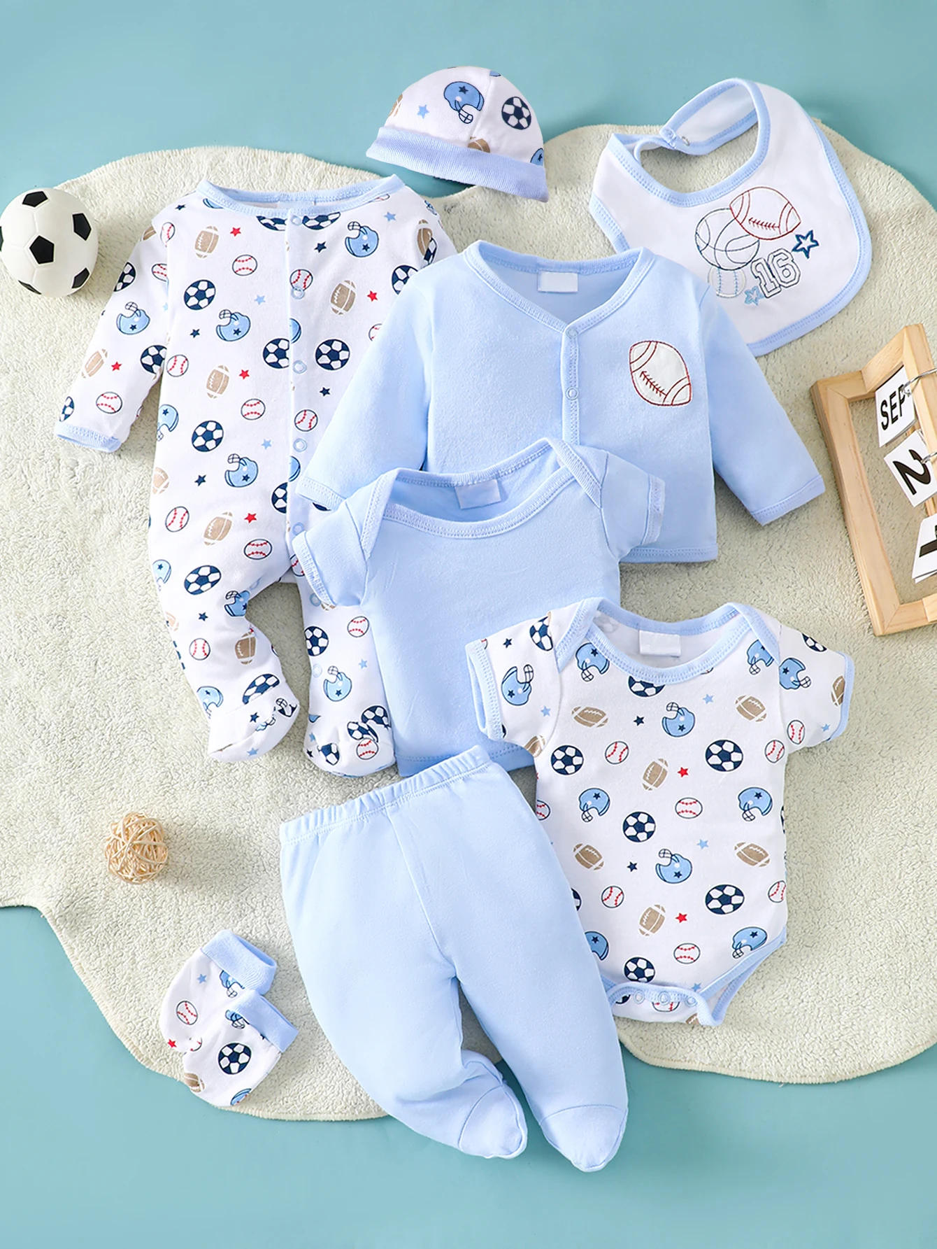 8-Piece Baby Romper Set | 100% Cotton | Soft & Breathable | Blue Cartoon Rugby Design | For 0-9 Months Infants
8-Piece Baby Romper Set | 100% Cotton | Soft & Breathable | Blue Cartoon Rugby Design | For 0-9 Months Infants