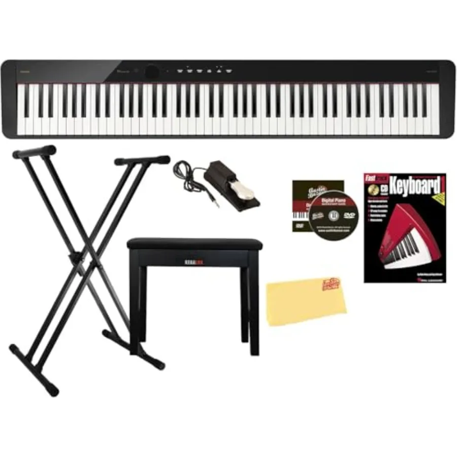 Digital piano for home practice, black polyester finish, includes adjustable stand, bench, sustain pedal, book, online lessons,
Digital piano for home practice, black polyester finish, includes adjustable stand, bench, sustain pedal, book, online lessons,