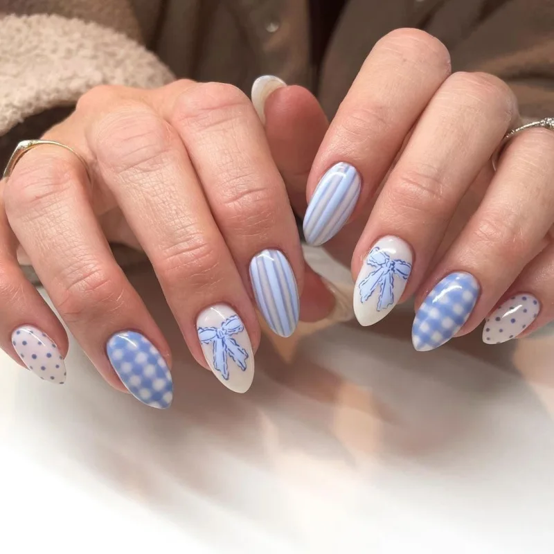 Coquette Aesthetic Light Blue Bow Press On Nails, Short Almond Mixed Pattern, Sweet Preppy Reusable Fake Nails
Coquette Aesthetic Light Blue Bow Press On Nails, Short Almond Mixed Pattern, Sweet Preppy Reusable Fake Nails