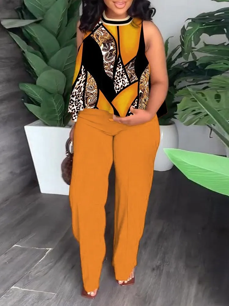 Women's Fashion Printed Two Piece Sets Summer O Neck Sleeveless Shirt & Wide Leg Pants 2pcs Set Elegant Female Casual Suit Cloth
Women's Fashion Printed Two Piece Sets Summer O Neck Sleeveless Shirt & Wide Leg Pants 2pcs Set Elegant Female Casual Suit Cloth