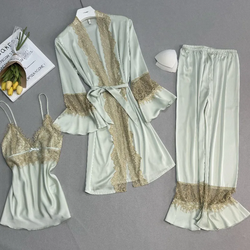 Spring Lace Bathrobe Strap Top&Trousers Pajamas Sets Nightwear Women Ice Silk Robe Sleepwear Pyjamas Home Clothes
Spring Lace Bathrobe Strap Top&Trousers Pajamas Sets Nightwear Women Ice Silk Robe Sleepwear Pyjamas Home Clothes