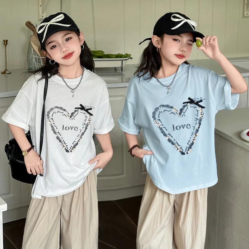 New Summer Children Short Sleeve T-shirt with Hearts for Girls Fashion Cotton Tshirt with Pearls Kids Casual Tee Tops Outfits
New Summer Children Short Sleeve T-shirt with Hearts for Girls Fashion Cotton Tshirt with Pearls Kids Casual Tee Tops Outfits