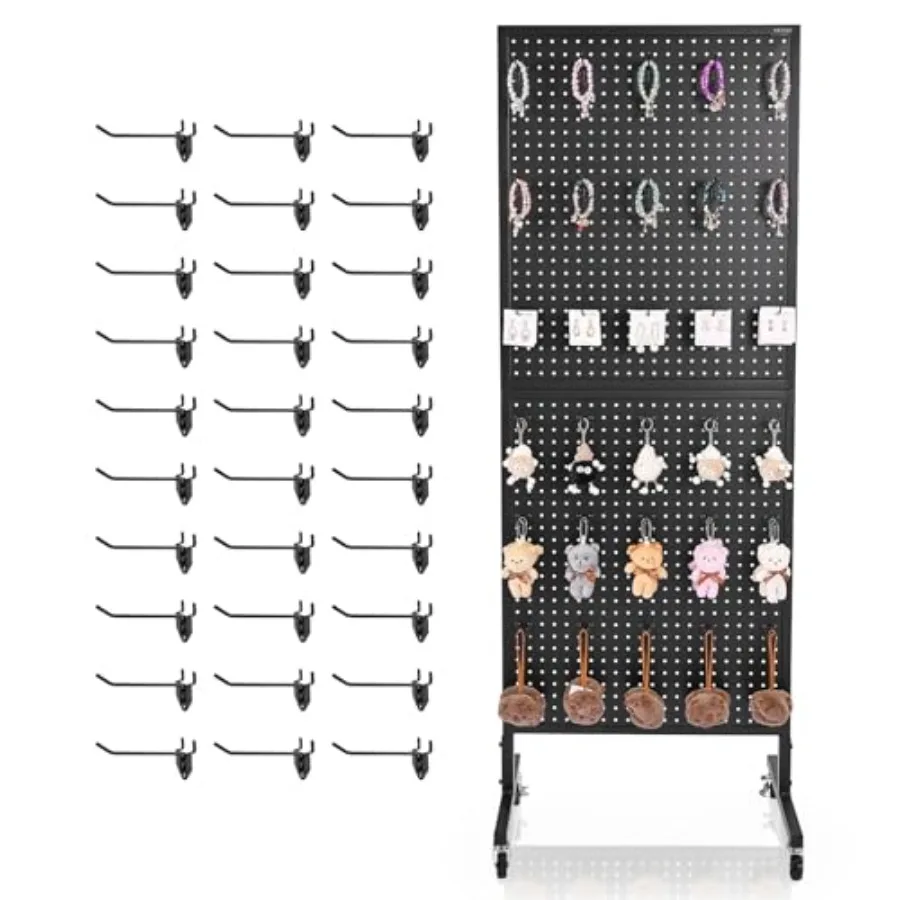 Standing Pegboard Display 23.6 x 63 in Pegboard Display Stand with Swivel Casters and 30 Hooks Thickened Cold-Rolled Steel Peg
Standing Pegboard Display 23.6 x 63 in Pegboard Display Stand with Swivel Casters and 30 Hooks Thickened Cold-Rolled Steel Peg