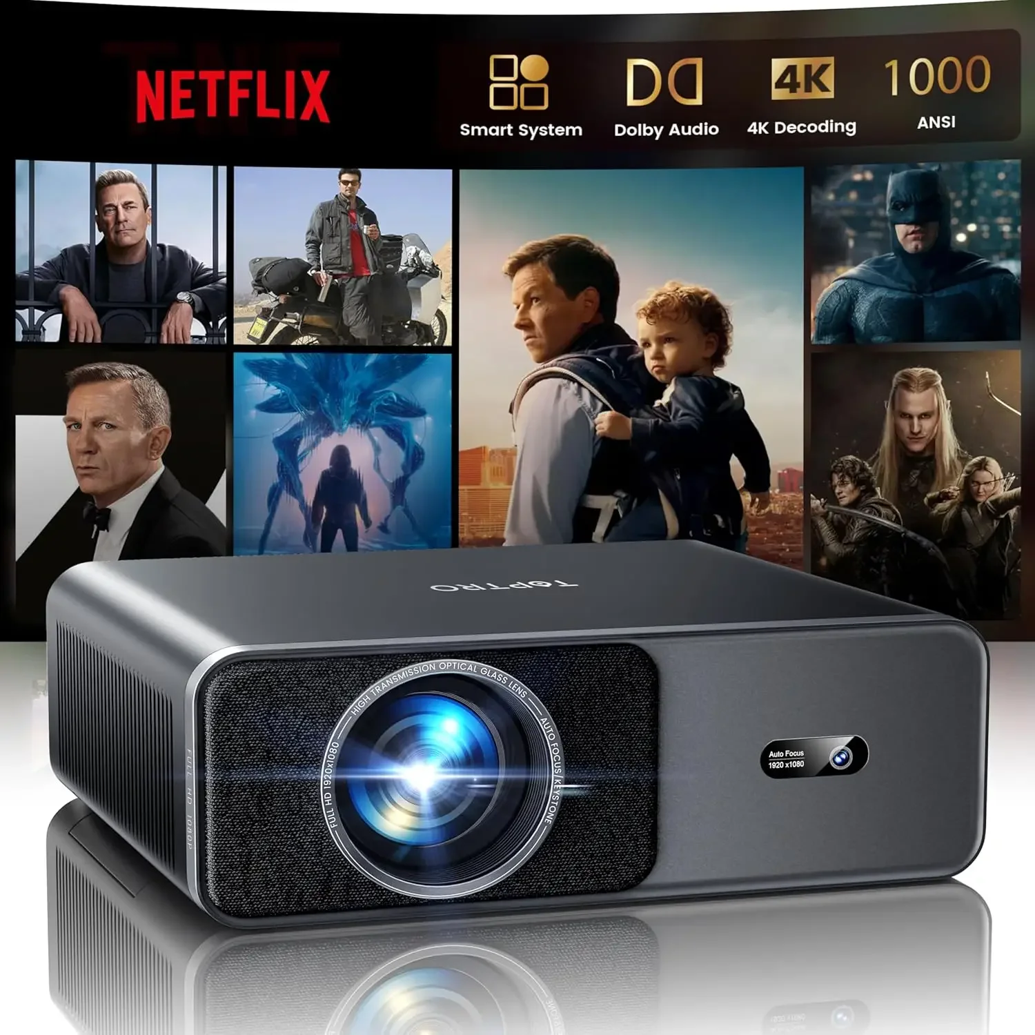 Smart Projector【1000 ANSI/Compatible with Netflix】4K Projector with WiFi 6 and 2-Way Bluetooth, AI Auto Focus & Keystone, 20W Do
Smart Projector【1000 ANSI/Compatible with Netflix】4K Projector with WiFi 6 and 2-Way Bluetooth, AI Auto Focus & Keystone, 20W Do