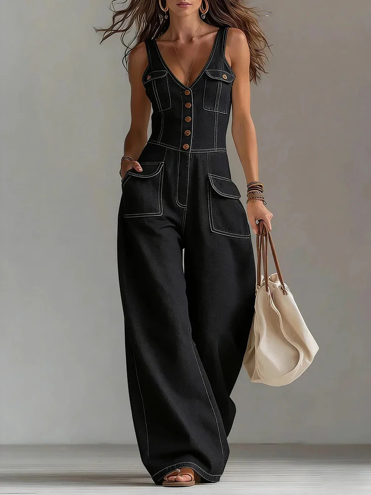 Elegant Deep-V Sleeveless Wide Leg Romper Temperament High Waist Commute Playsuits Overalls Vintage Cowboy Style Denim Jumpsuits
Elegant Deep-V Sleeveless Wide Leg Romper Temperament High Waist Commute Playsuits Overalls Vintage Cowboy Style Denim Jumpsuits