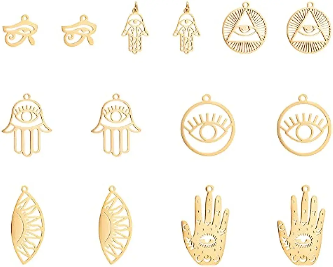 14Pcs 7Styles Evil Eye Charm Hollow Hamsa Hand Pendant Golden Egyptian Eye Pendant Protection Charm Stainless Steel Pendant
14Pcs 7Styles Evil Eye Charm Hollow Hamsa Hand Pendant Golden Egyptian Eye Pendant Protection Charm Stainless Steel Pendant