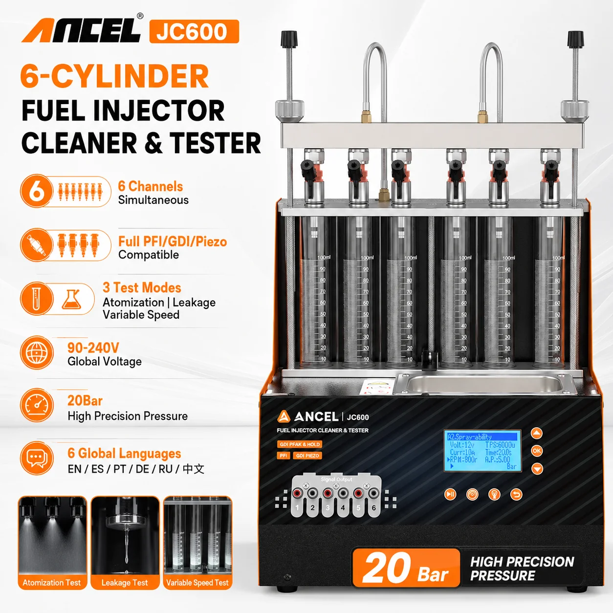 ANCEL JC600 Fuel Injector Cleaner Tester 6-Cylinder EFI GDI Piezo Ultrasonic Cleaning Machine 20Bar for Car Motorcycle
ANCEL JC600 Fuel Injector Cleaner Tester 6-Cylinder EFI GDI Piezo Ultrasonic Cleaning Machine 20Bar for Car Motorcycle