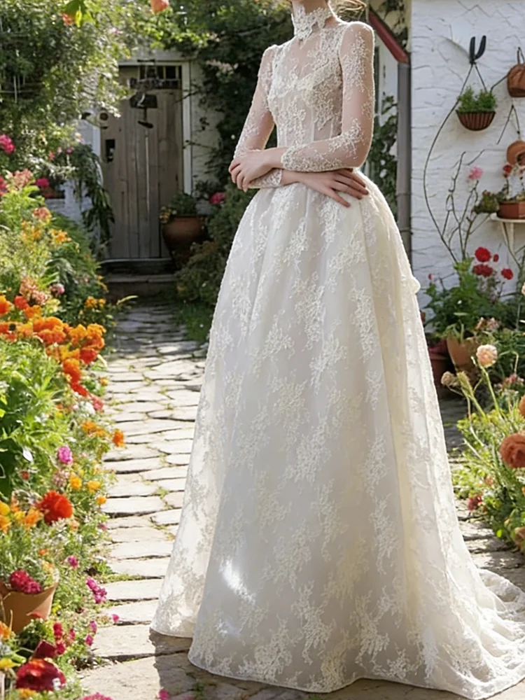 Luxury High Collar Lace Full Sleeve Pleat A-Line Bride Wedding Dresses Bridal Gowns Customized
Luxury High Collar Lace Full Sleeve Pleat A-Line Bride Wedding Dresses Bridal Gowns Customized