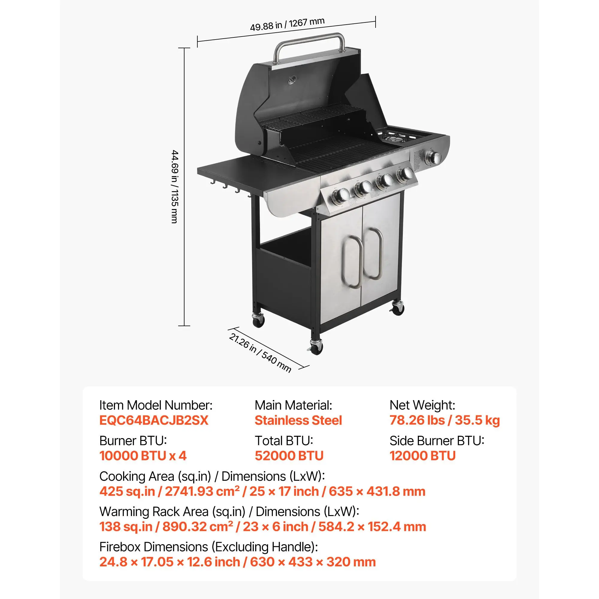 Gas Grill, 4 Burner Propane Gas Grill with Side Burner, 425 SQ.In Grilling Area, Carbon Steel Enamel Grates, Outdoor 52,000 BTU Patio Garden BBQ Grills with Two Side Shelves, Stainless Steel
Gas Grill, 4 Burner Propane Gas Grill with Side Burner, 425 SQ.In Grilling Area, Carbon Steel Enamel Grates, Outdoor 52,000 BTU Patio Garden BBQ Grills with Two Side Shelves, Stainless Steel
