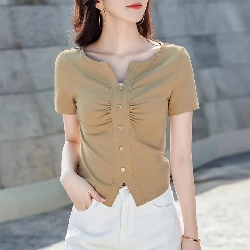 Pure Cotton V-neck Front Shoulder Short-sleeved T-shirt for Women in Summer 2025 New Irregular Slim Fit Short Top
Pure Cotton V-neck Front Shoulder Short-sleeved T-shirt for Women in Summer 2025 New Irregular Slim Fit Short Top