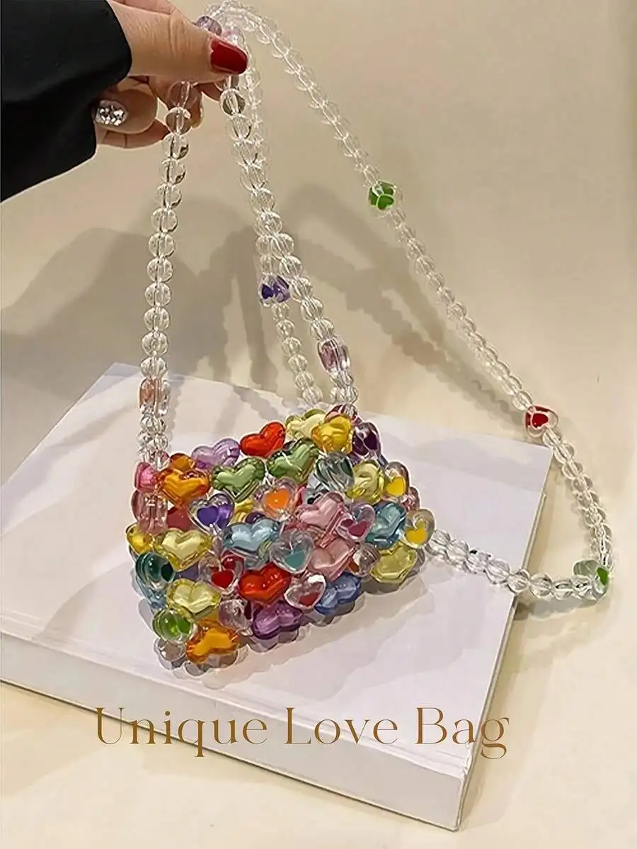 Transparent Bead Chain Strap Heart-Shaped Mini Purse In Rainbow Colors, Stylish Shoulder Bag For Valentine’s Day And Festivals
Transparent Bead Chain Strap Heart-Shaped Mini Purse In Rainbow Colors, Stylish Shoulder Bag For Valentine’s Day And Festivals
