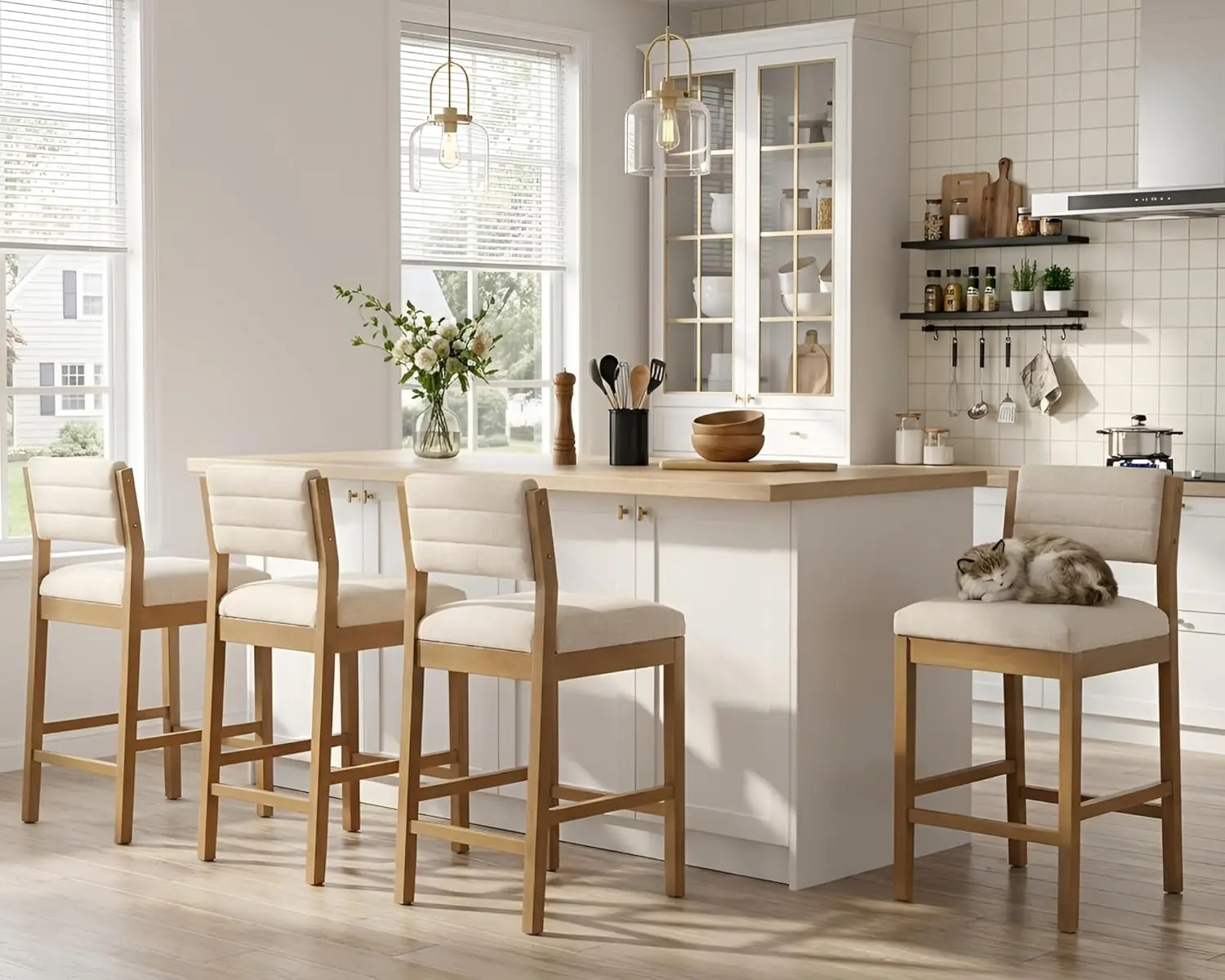 26.5in Beige Linen Counter Bar Stools 4pcs w/ Back Wood Legs Footrest Kitchen Island, Customized
26.5in Beige Linen Counter Bar Stools 4pcs w/ Back Wood Legs Footrest Kitchen Island, Customized