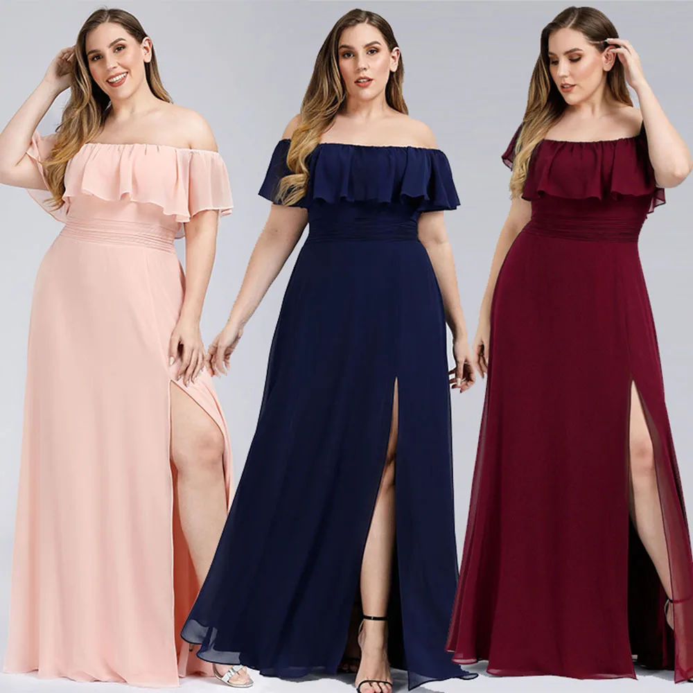 Sweet one-word collar solid color dress quality chiffon off-the-shoulder ruffle split large size spring and autumn evening dress
Sweet one-word collar solid color dress quality chiffon off-the-shoulder ruffle split large size spring and autumn evening dress