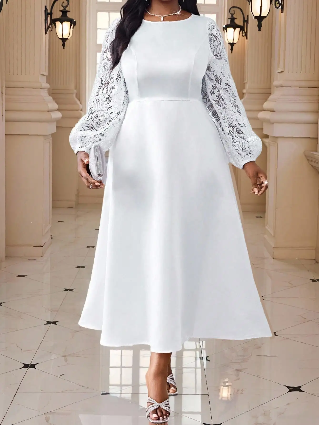 Plus Size White A-Line Dress with Lace Bishop Sleeves for Wedding Party
Plus Size White A-Line Dress with Lace Bishop Sleeves for Wedding Party