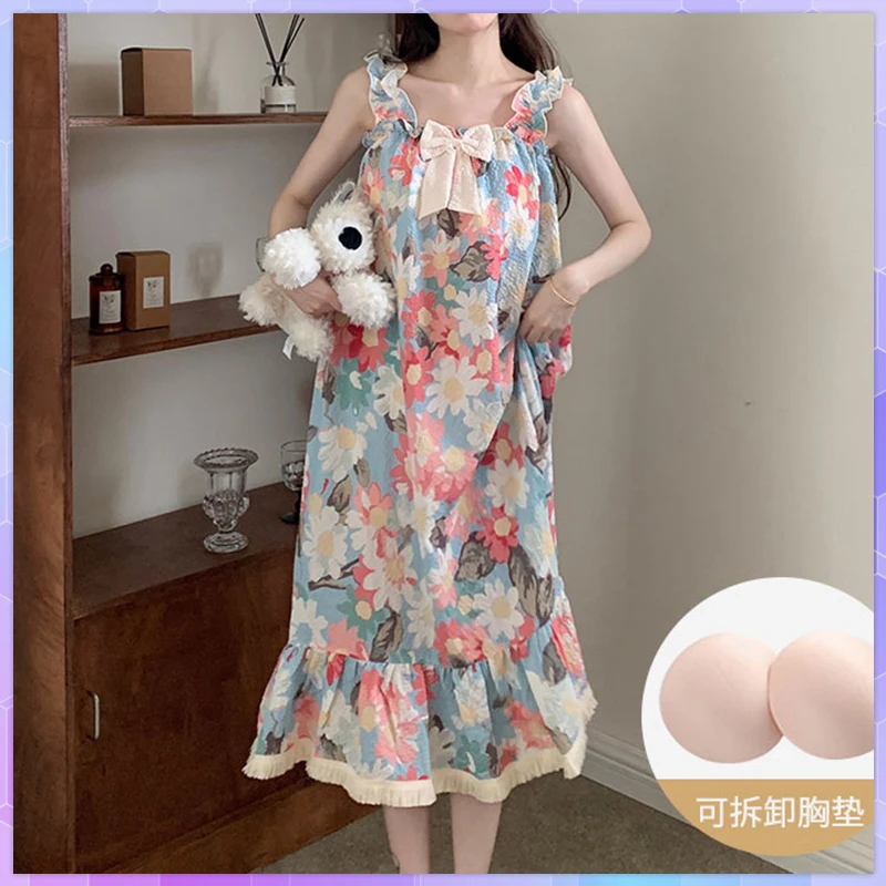 Floral Women's Nightgown Sleeveless Summer Home Dress Sexy Chest Pad Homewear Sweet Shirt Viscose Nightgowns ночная сорочка
Floral Women's Nightgown Sleeveless Summer Home Dress Sexy Chest Pad Homewear Sweet Shirt Viscose Nightgowns ночная сорочка
