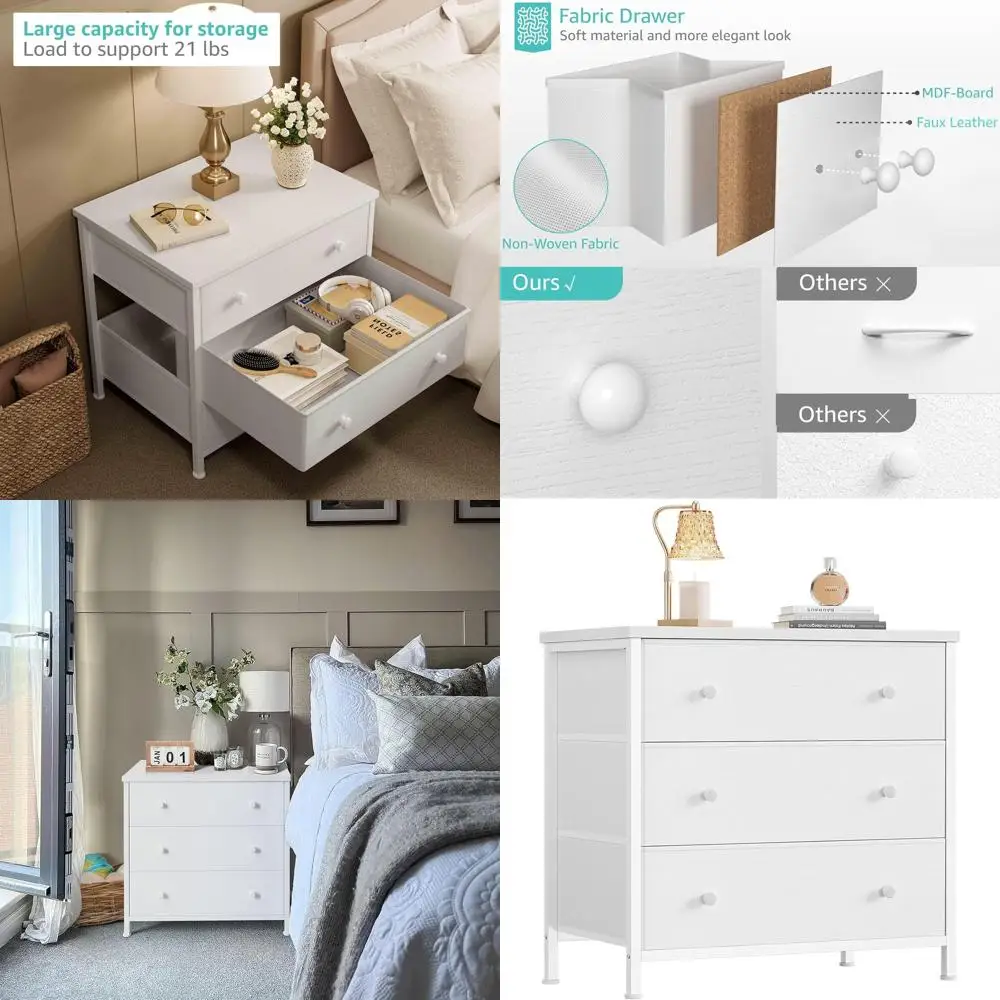 3-Drawer Modern Nightstand in White with Fabric Drawers for Bedroom, Girls' Room, and Closet Storage
3-Drawer Modern Nightstand in White with Fabric Drawers for Bedroom, Girls' Room, and Closet Storage