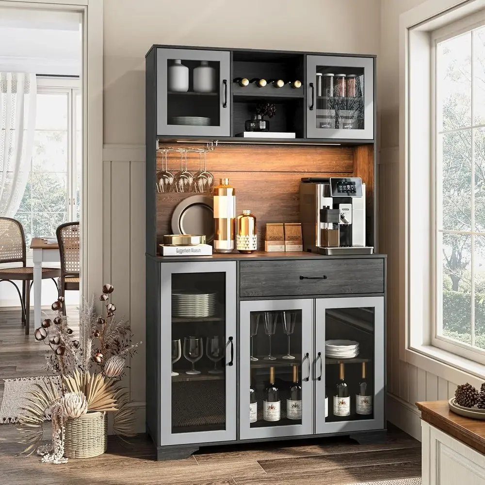 71 Tall Grey Pantry Cabinet with Coffee Bar, Charging Station, LED Lights, Wine Rack, Adjustable Shelves, and Microwave Stand
71 Tall Grey Pantry Cabinet with Coffee Bar, Charging Station, LED Lights, Wine Rack, Adjustable Shelves, and Microwave Stand