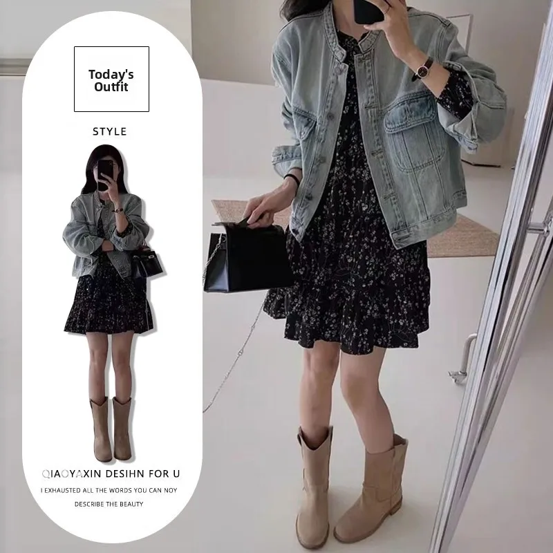 Retro Washed Loose Fashionable Denim Jacket And Black Floral Dress Two-Piece Set for Women Autumn Season Polyester Fabric
Retro Washed Loose Fashionable Denim Jacket And Black Floral Dress Two-Piece Set for Women Autumn Season Polyester Fabric