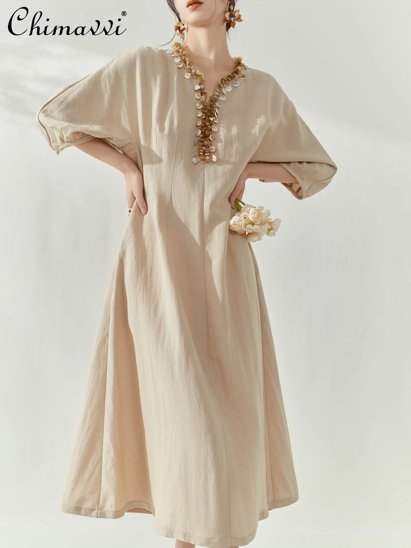 French Elegant High-end Casual Vintage Dress Sequined V-neck Puff Sleeves High Waist A-line Temperament Long Dress Women Summer
French Elegant High-end Casual Vintage Dress Sequined V-neck Puff Sleeves High Waist A-line Temperament Long Dress Women Summer