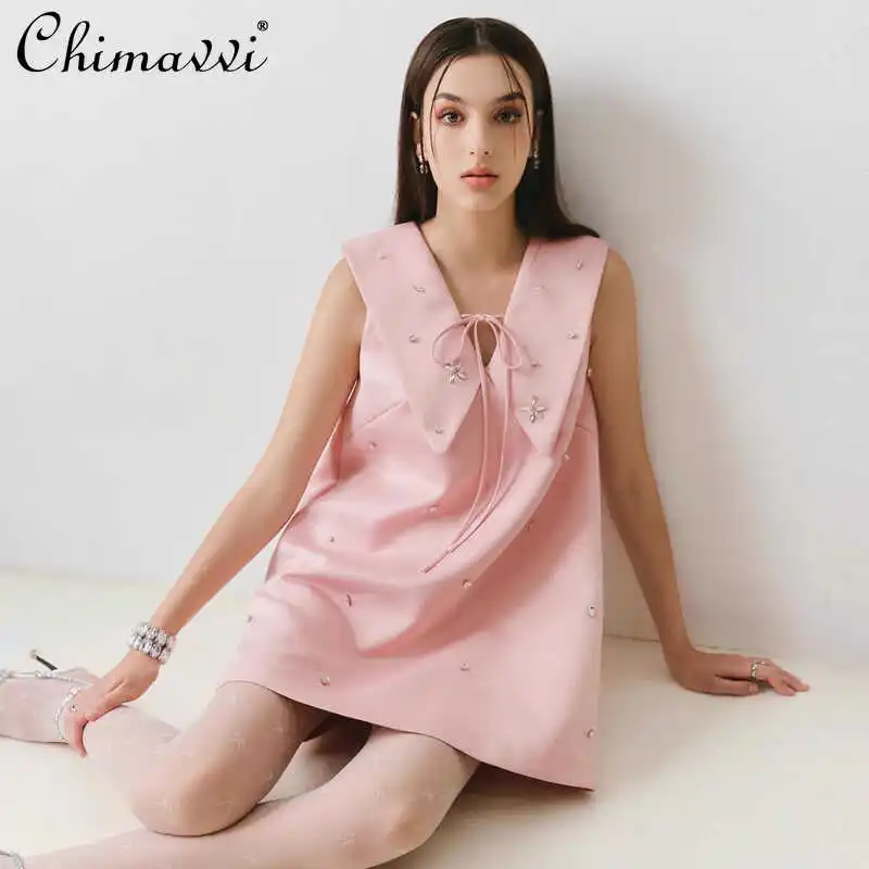 French Style Elegant Socialite Beaded Lace-Up V-Neck Sleeveless Loose Waist A-line Sweet Pink Birthday Evening Short Dress Women
French Style Elegant Socialite Beaded Lace-Up V-Neck Sleeveless Loose Waist A-line Sweet Pink Birthday Evening Short Dress Women