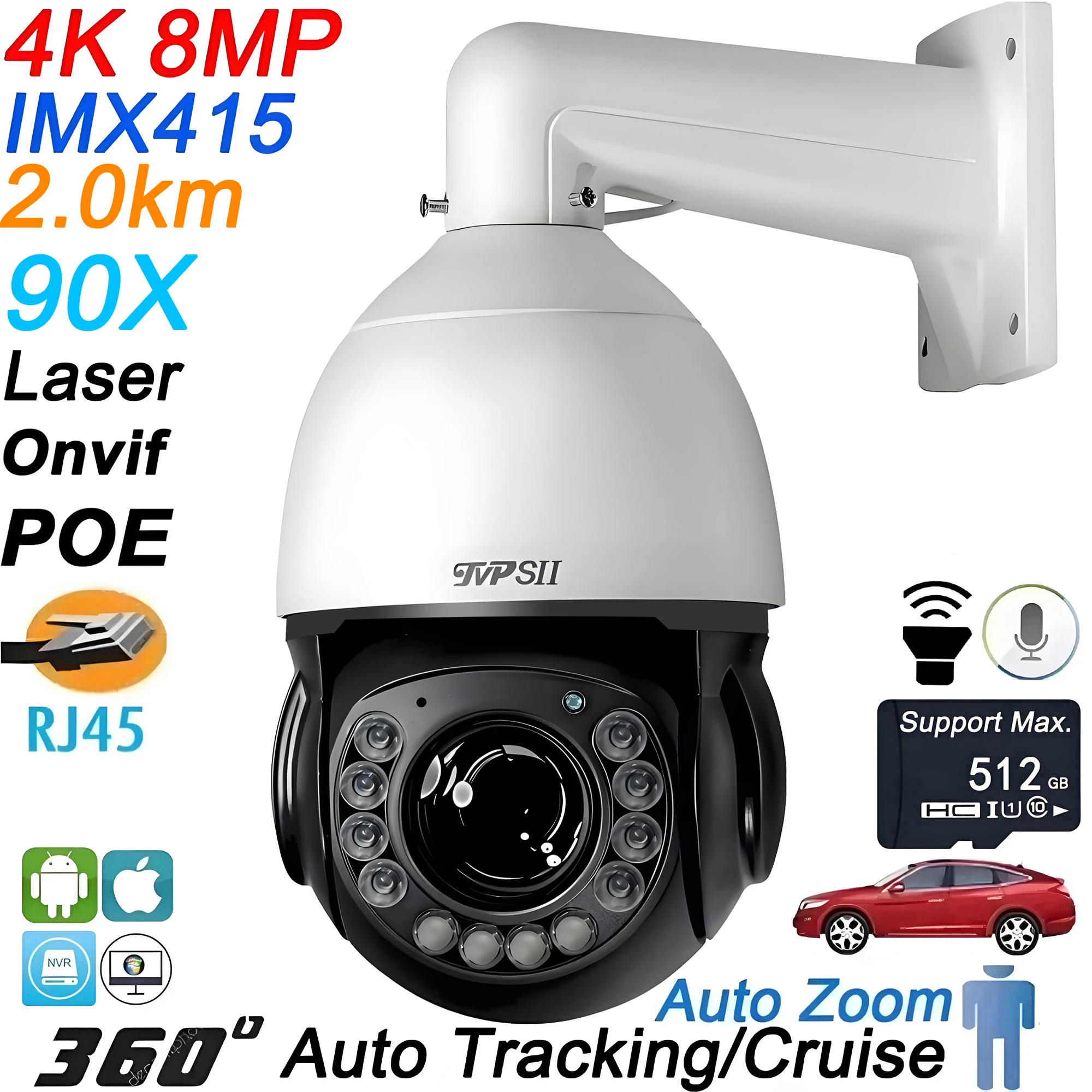 Metal Onvif Laser Infrared Auto Tracking Cruise 8MP 4K 90X Optical Zoom 360° Audio POE PTZ Surveillance Speed Dome IP Camera
Metal Onvif Laser Infrared Auto Tracking Cruise 8MP 4K 90X Optical Zoom 360° Audio POE PTZ Surveillance Speed Dome IP Camera
