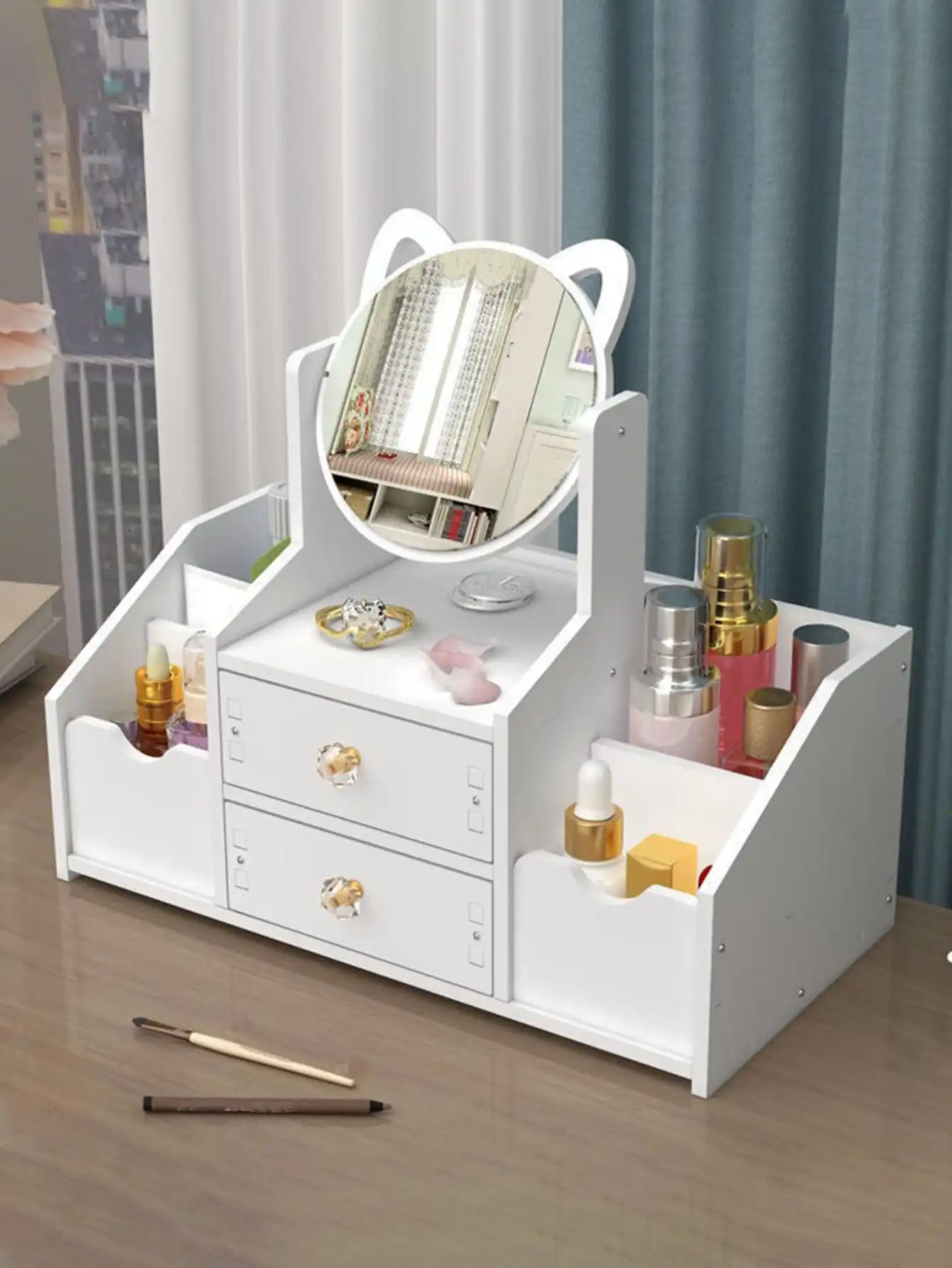 1pc High-End Luxurious White Wooden Makeup Organizer With Large Capacity, Multiple Functions, Drawers, Dustproof Cover
1pc High-End Luxurious White Wooden Makeup Organizer With Large Capacity, Multiple Functions, Drawers, Dustproof Cover
