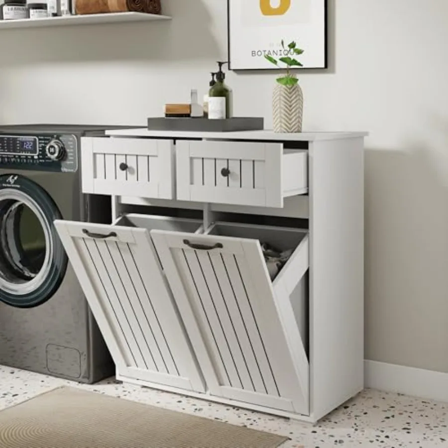 Tilt Out Laundry Hamper Cabinet with Removable Bags, Two-Compartment Hidden Laundry Sorter Cabinet with 2 Drawers, Wooden Floor
Tilt Out Laundry Hamper Cabinet with Removable Bags, Two-Compartment Hidden Laundry Sorter Cabinet with 2 Drawers, Wooden Floor