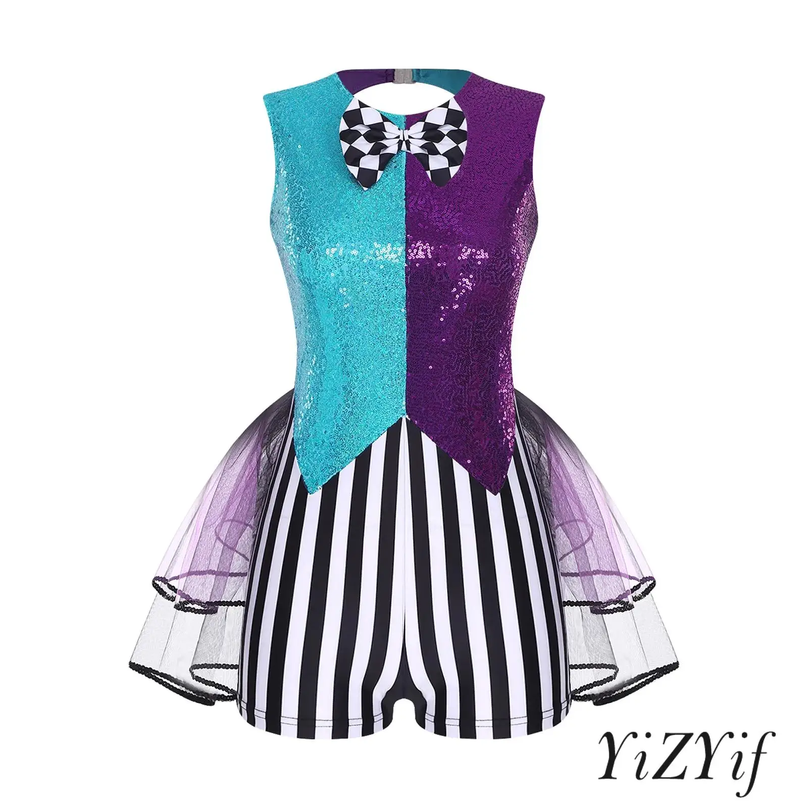 Womens Crazy Cosplay Jumpsuit Sequin Striped Patchwork Checker Bowtie Tiered Tulle Hem Cutout Rompers Mad Clown Dress Up Costume
Womens Crazy Cosplay Jumpsuit Sequin Striped Patchwork Checker Bowtie Tiered Tulle Hem Cutout Rompers Mad Clown Dress Up Costume