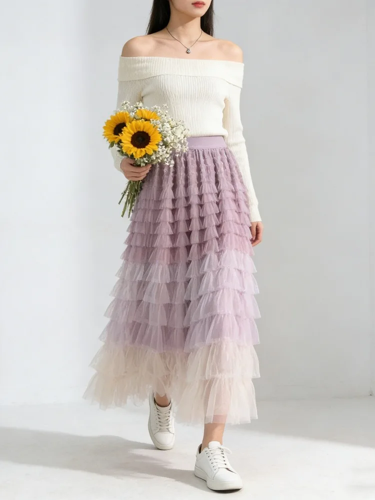 Gradient Patchwork Mesh Skirts For Women 2026 Spring Summer Elegant High-waisted Slimming Long Skirt
Gradient Patchwork Mesh Skirts For Women 2026 Spring Summer Elegant High-waisted Slimming Long Skirt