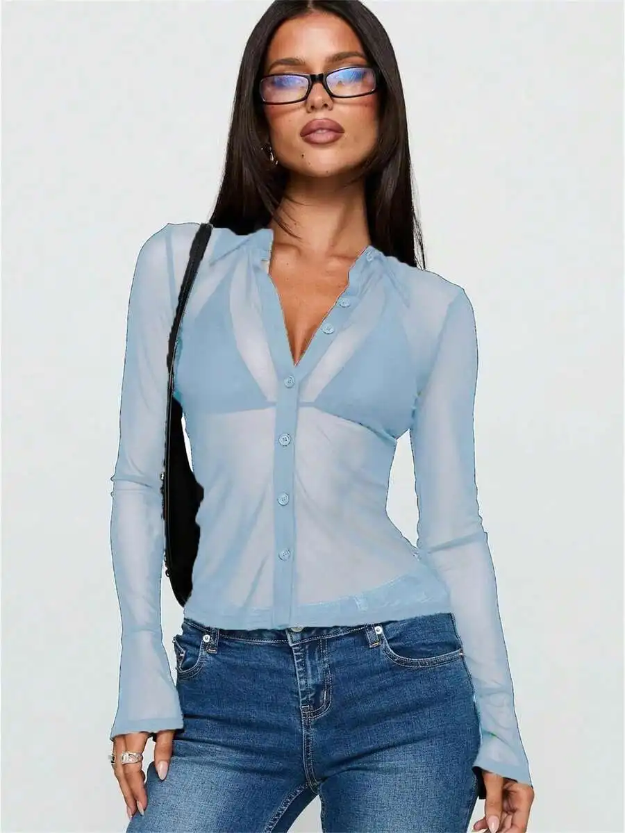 Womens Sheer Mesh Button Down Top Turn Down Collar Long Flared Sleeve Slim Crop Blouse Summer Beach Cover Up
Womens Sheer Mesh Button Down Top Turn Down Collar Long Flared Sleeve Slim Crop Blouse Summer Beach Cover Up